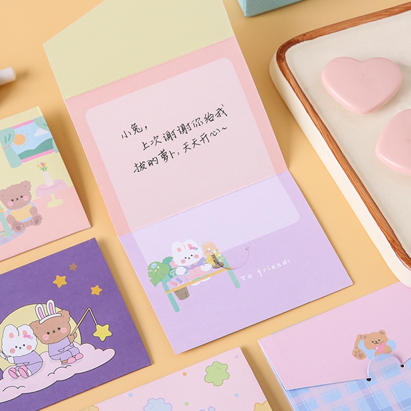 6 Pcs Cartoon Bear&amp;Bunny Series Greeting Cards Foldable Holiday Wishes Envelope Card Set