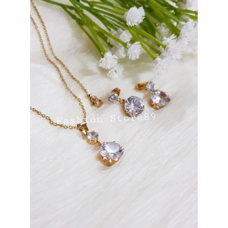 Ready Kalung Set titanium permata zircona titanium set kalung anting gold white import antikarat