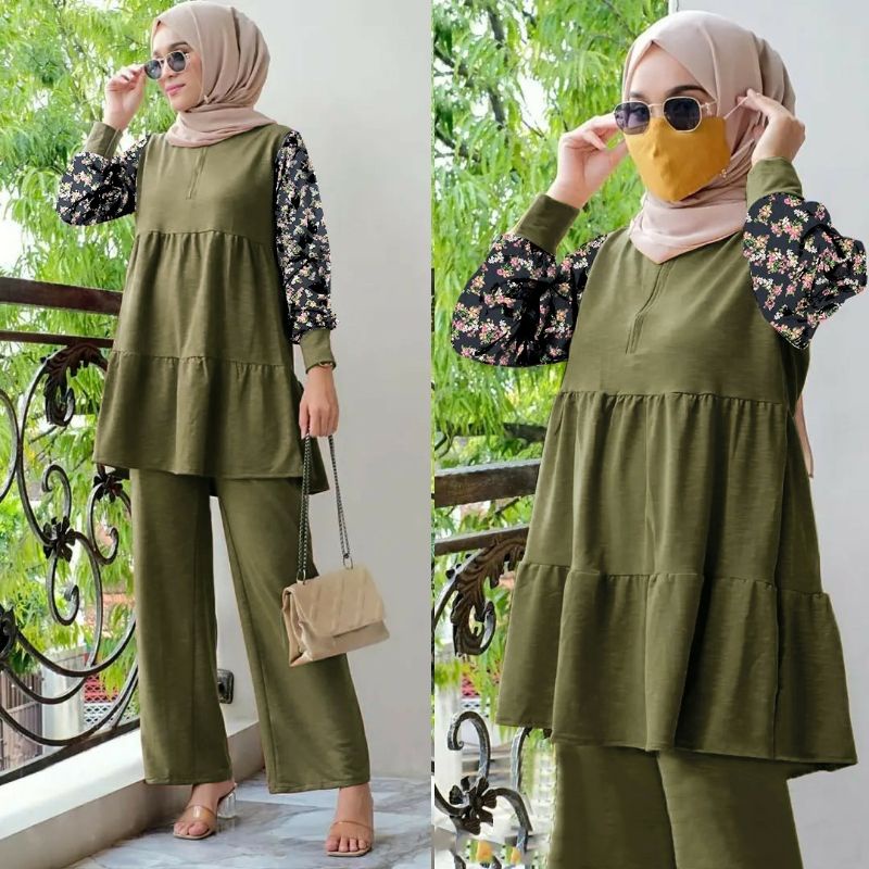 Baju Setelan Flower Wanita Lebaran Terbaru 2022 Set Tunik KIMIKO Model Kekinian Trendy Modis Syari M