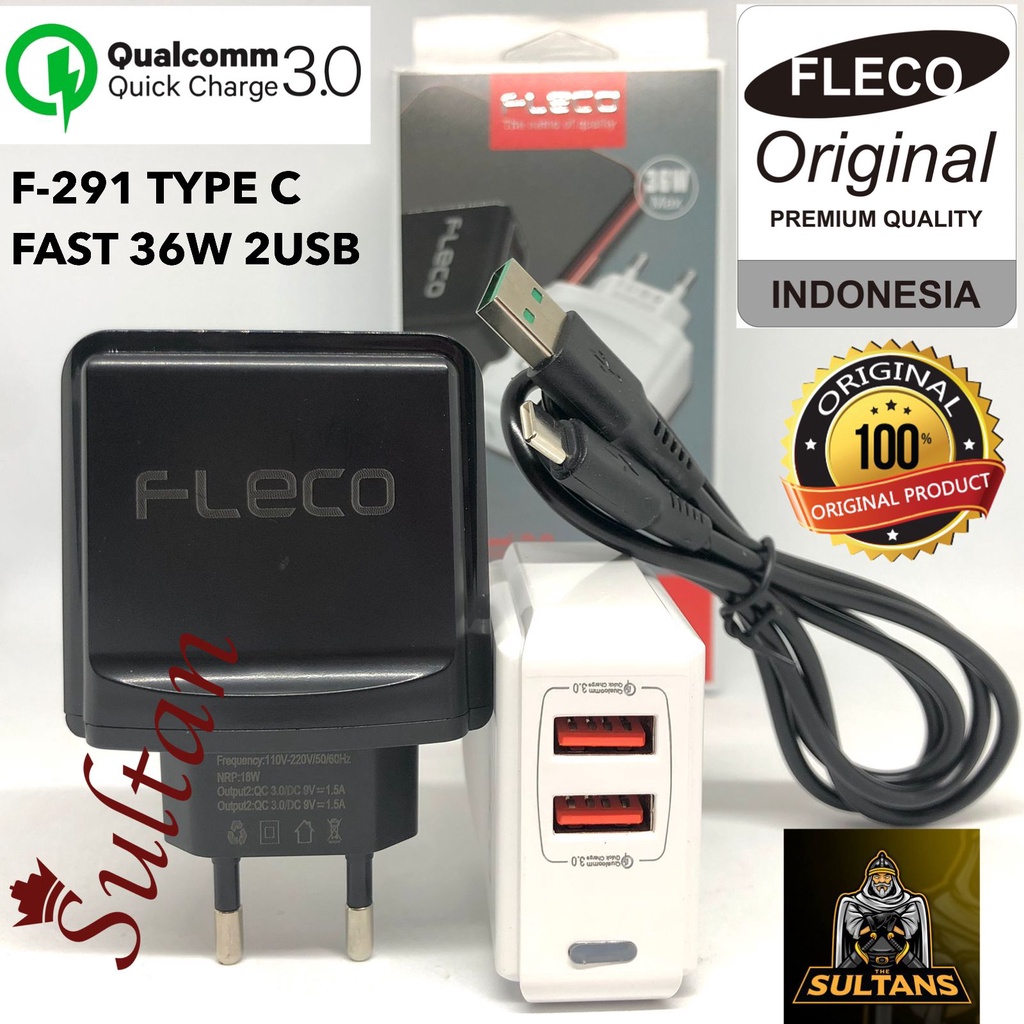 CHARGER FLECO F291 MICRO CASAN FLECO F291 TYPE-C 2USB QUALCOMM 3.0 36WATT MAX CHARGER FOR ANDROID