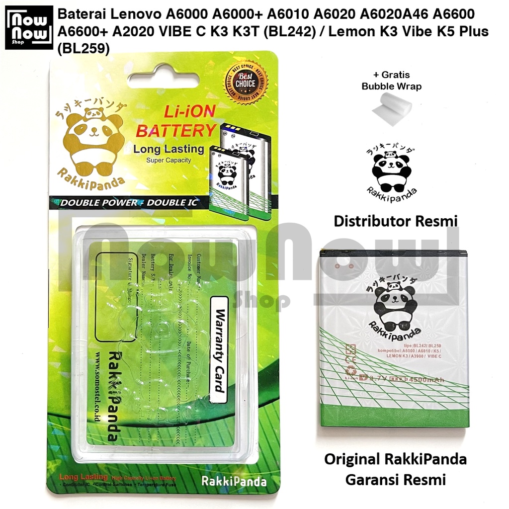 Baterai RakkiPanda Lenovo A6000 A6000+ A6010 A6020 A6020A46 A6600 A6600+ A2020 VIBE C A3900 K3 K3T B