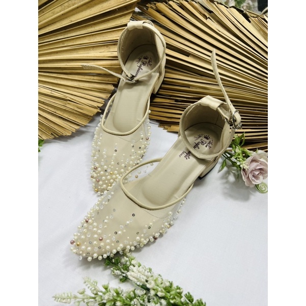 sepatu wanita cantik sepatu wedding shoes cream hak tahu tali 3cm