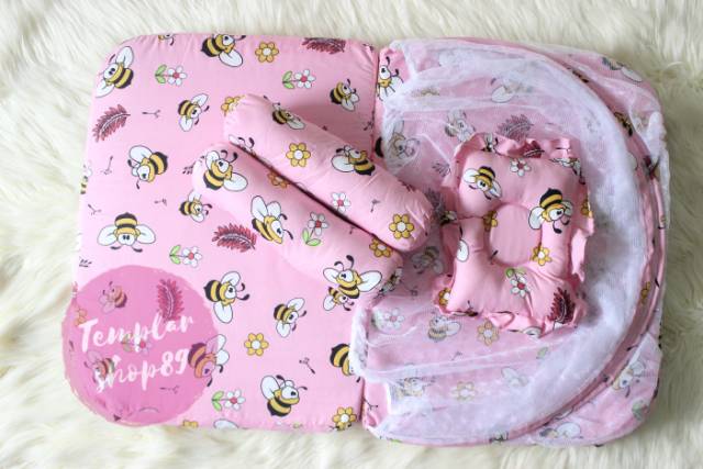 Kasur bayi set kelambu bantal guling model lipat  pink lebah termurah