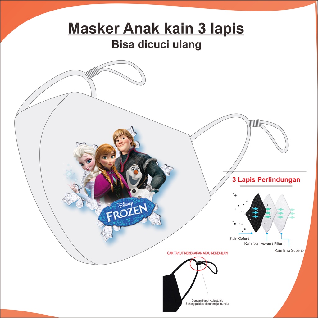 Masker anak Cowok dan Cewek Duckbill kain Bisa Dicuci 3 Ply Adjustable Motif Karakter Kartun Frozen 