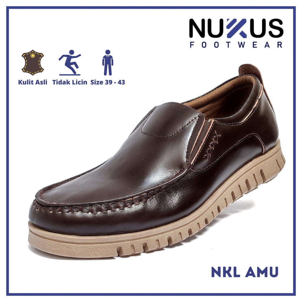 Nukus Sepatu Pria Casual Slip On Kulit Asli CoklatTua - NKL AMU