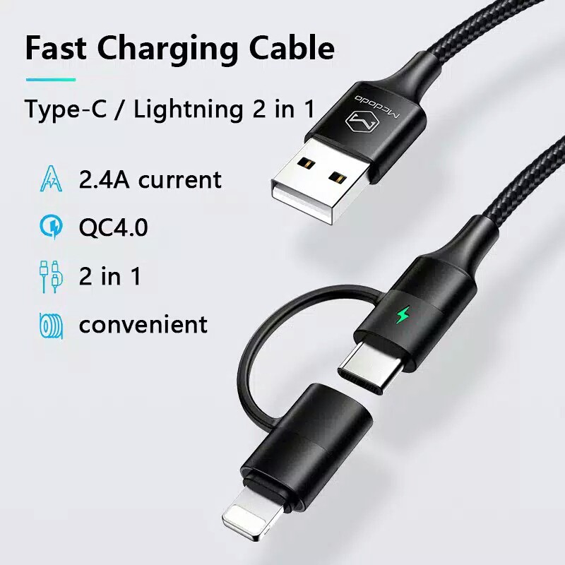 MCDODO kabel TYPE-C ke iPhone USB 2 in 1 TYPE-C to Lightning Cable MCDODO