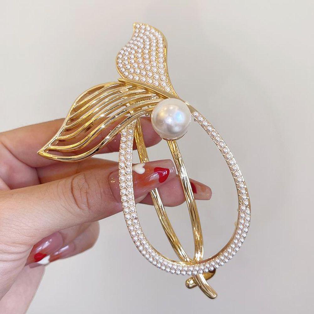 Needway Fishtail Hair Clip Shiny Simple Pearl Shark Clip Diamond Hiasan Kepala Gadis Ponytail Holder