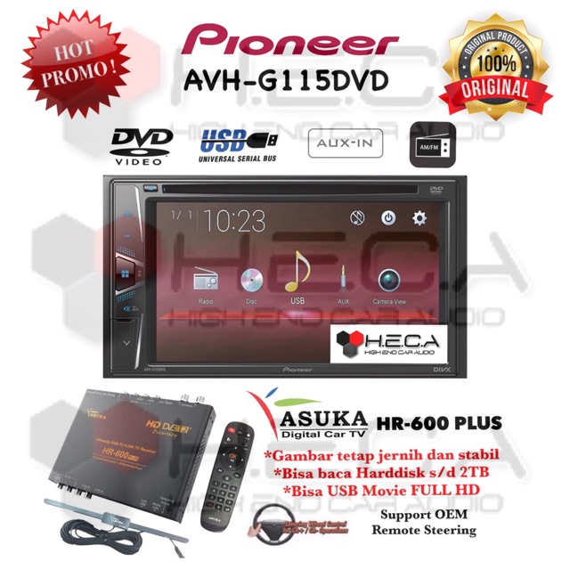 Paket Pioneer AVH-G115DVD Tape Mobil Double Din Head Unit Audio & TV Tuner Digital ASUKA HR-600 PLUS