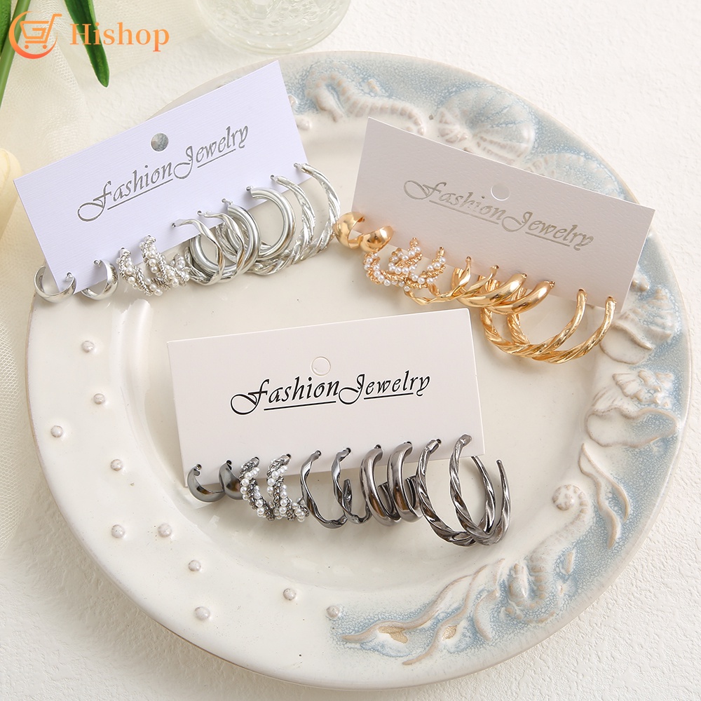 5pcs / set Anting Hoop Mutiara Untuk Wanita