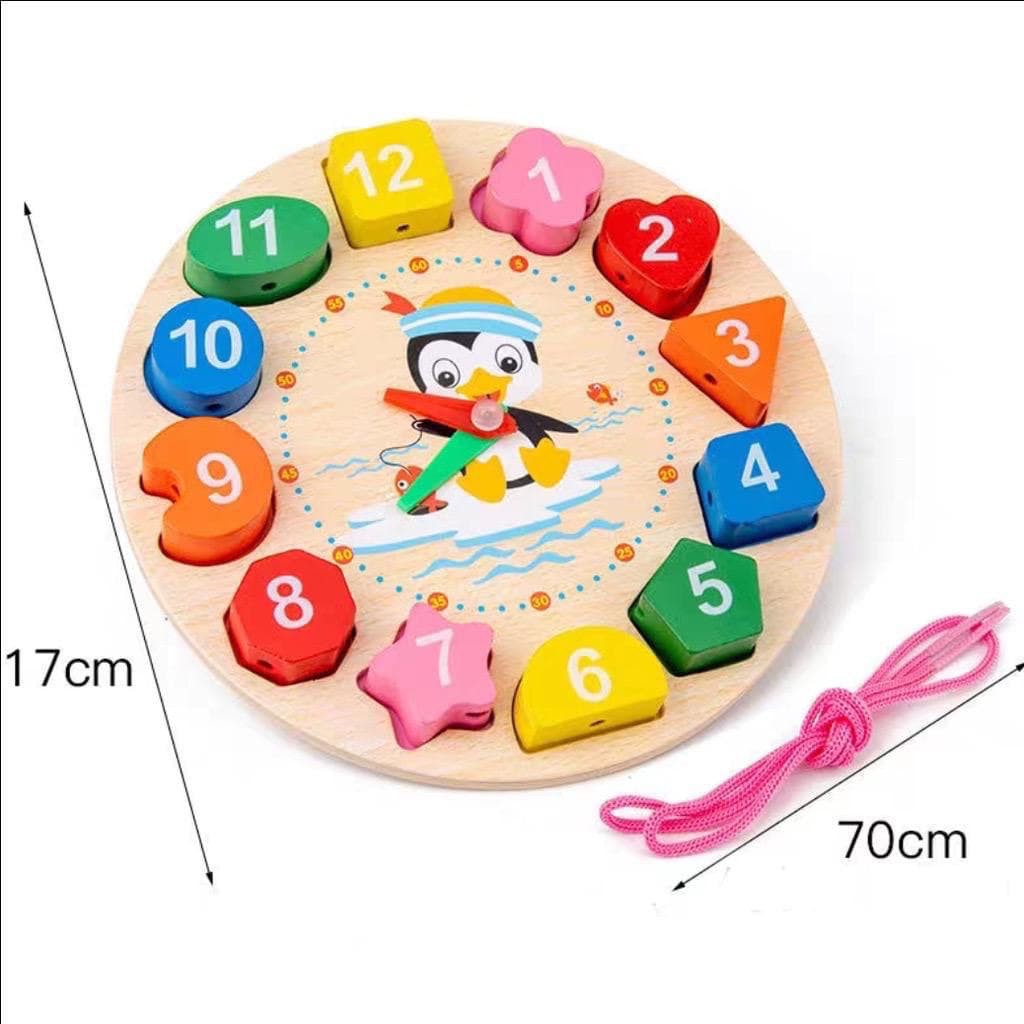 Mainan Edukasi Anak Basic Shape Kayu Balok Geometri Puzzle 3D Montessori Sensory Xylophone Jam Angka-JAM PINGUIN