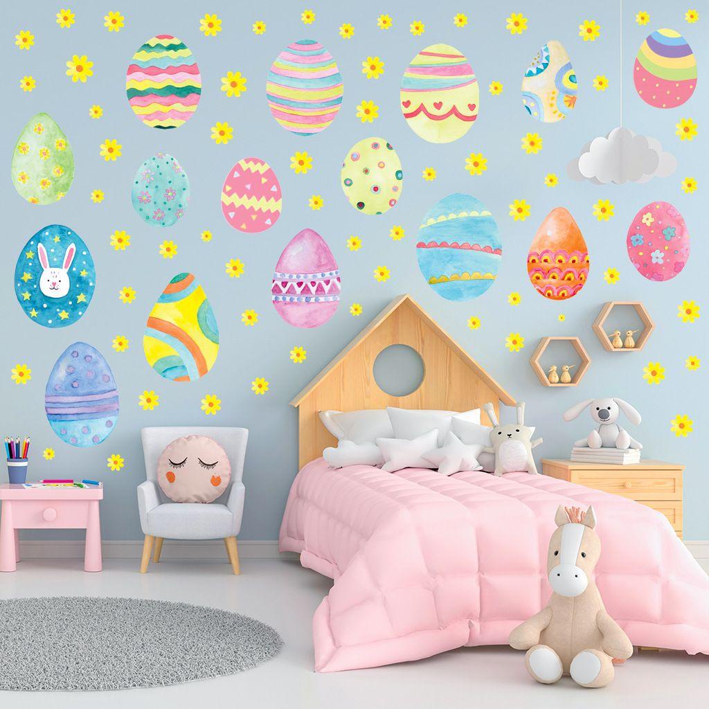 Solighter 4pcs/set Paskah Stiker Dinding Telur Kelinci Kamar Anak Dekorasi Rumah Paskah Dekorasi Pintu Mural