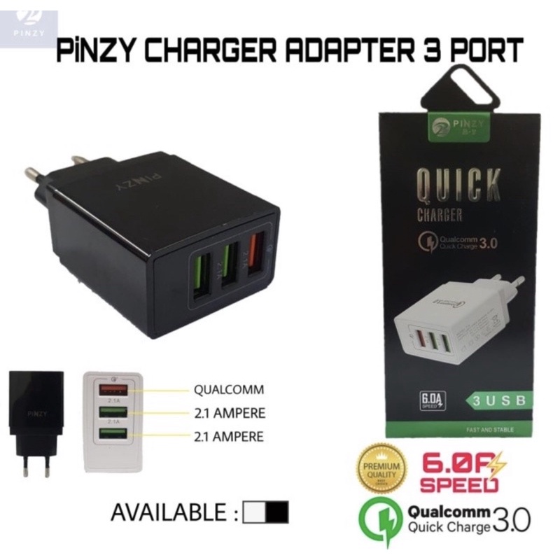 Adapter PINZY T19 Series 3 Port USB Superfast Charger Support Qualcomm - Kepala Charger T19 -