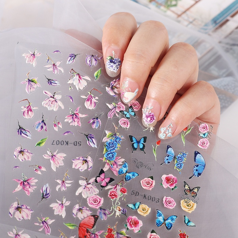 (1 Lembar) (Stiker Kuku) (5D Motif Bunga Warna-Warni Untuk Dekorasi Nail Art / Manicure Diy