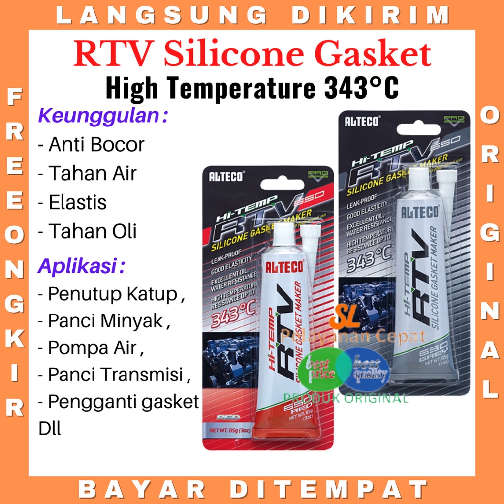 Lem Gasket Tahan Panas 343C Alteco RTV Silicone Hi Temp Lem Packing Mesin Radiator