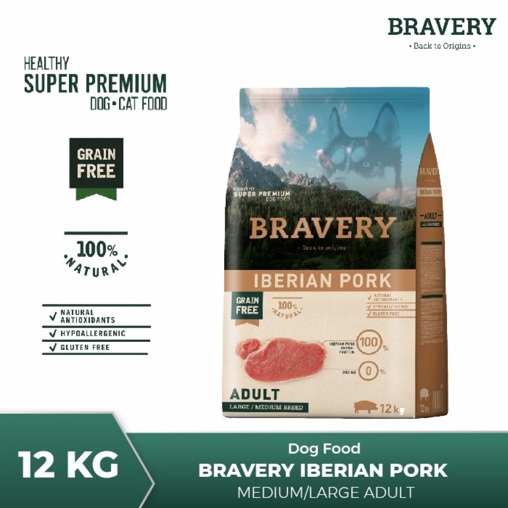 Bravery Medium/Large Adult Dog PORK 12KG Makanan Anjing Super Premium Pelet Food