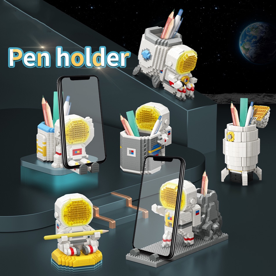 Kartun spaceman building blocks pen holder Astronot Ornamen Mainan Kreatif