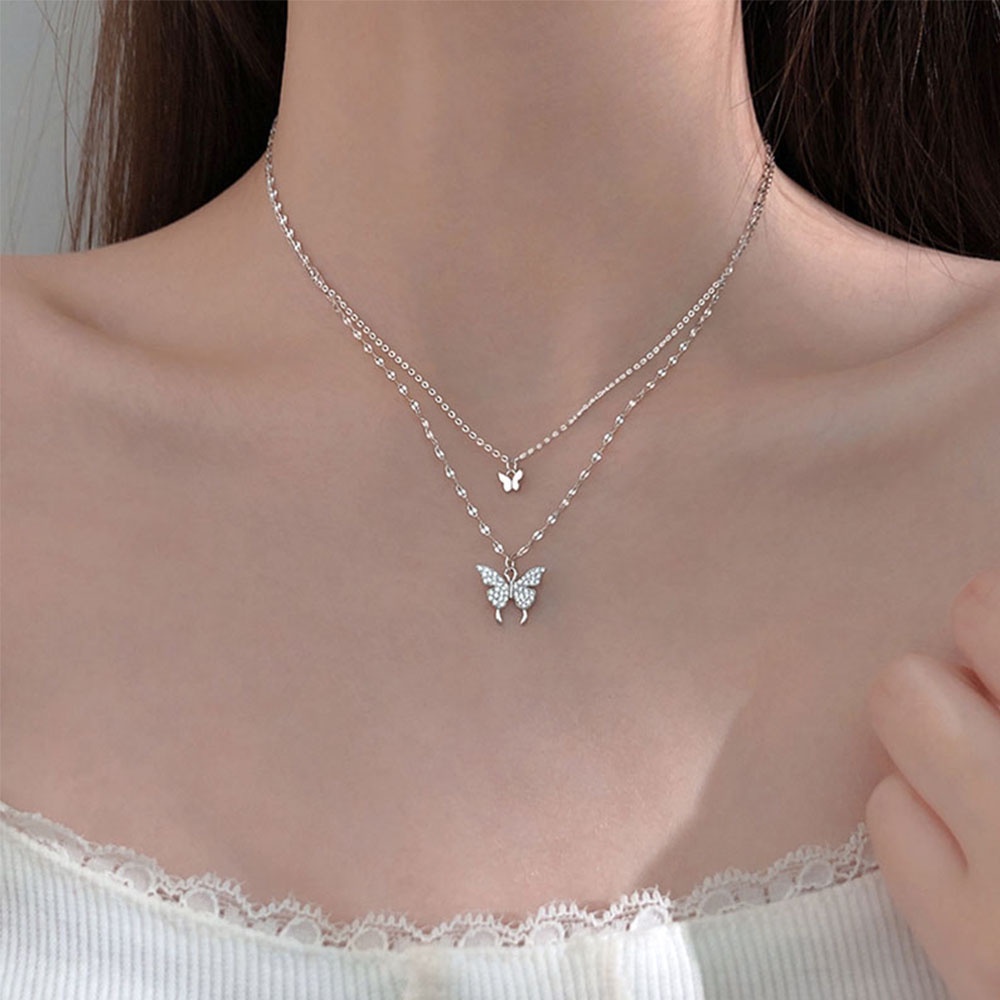 Needway  Accessories Butterfly Necklace Women Chocker Clavicle Chain Shiny CZ Fashion Double Layer Gifts Temperament Butterfly Pendant Women Jewelry/Multicolor