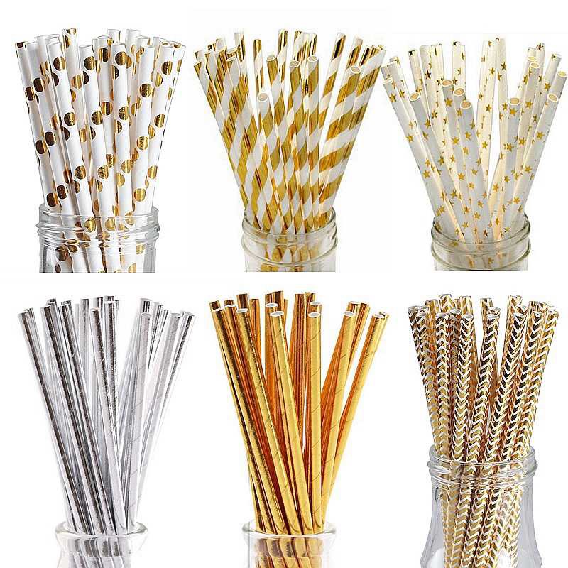 25 pcs Sedotan Kertas Emas Gold dan Perak Silver ~ Paper Straw Gold Silver ~ Banyak Motif