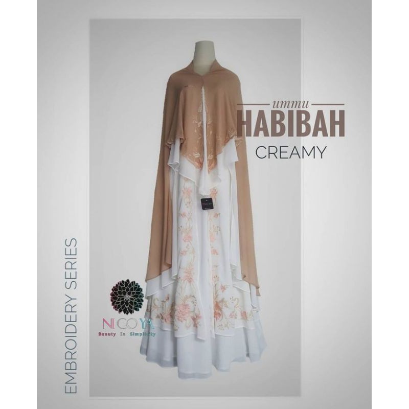Nigoya Syar'i - Gamis Ummu Habibah Set Syar'i Embroidery Creamy  Mewah untuk Umroh Haji & Kajian