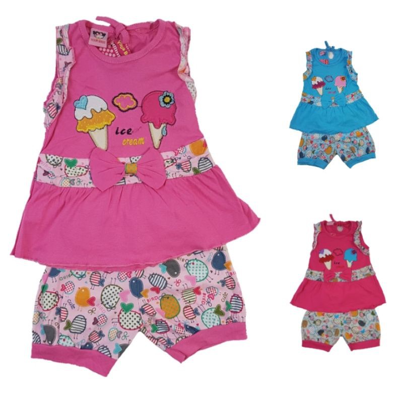 Setelan fashion baju anak perempuan 1-2 tahun motif ice cream warna  pink biru fanta