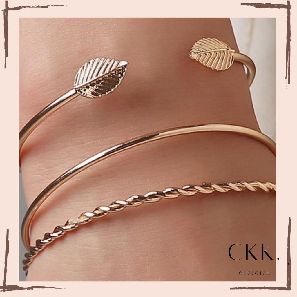 ➰CKK➰ Set 3Pcs Gelang Bangle FA120 Motif Daun untuk Wanita