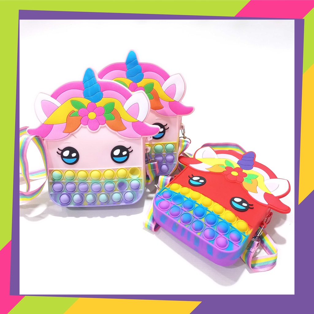 1677 / Tas slempang anak sling bag pop it Hp / Dompet pop it Rainbow Unicorn &amp; Melody