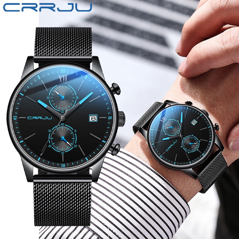 【COD】 CRRJU Jam Tangan Pria Chronograph Quartz Clock Kalender Otomatis Bisnis Tahan Air Jam Tangan Kasual Jual Impor