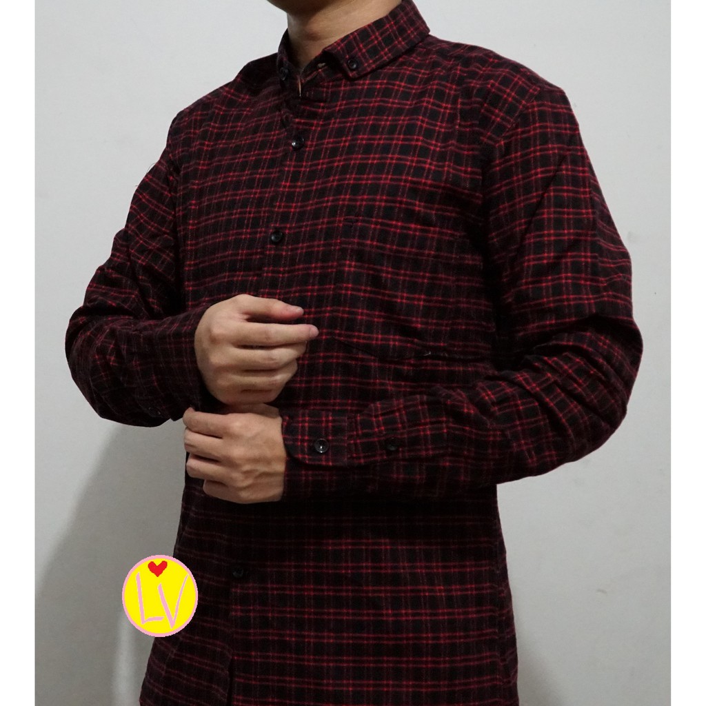 Kemeja Flanel Levis Motif Kotak Pria merah hitam