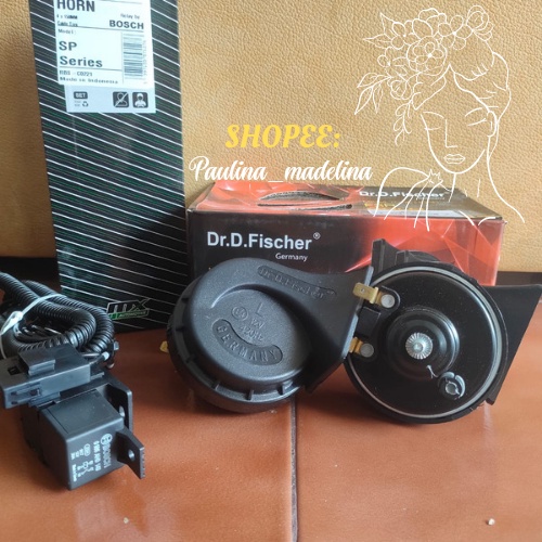 Paket Komplit Klakson Keong 12 Volt Dr. D fischer 12V water Resistant F3R Gold edition. MOBIL MOTOR HITAM original