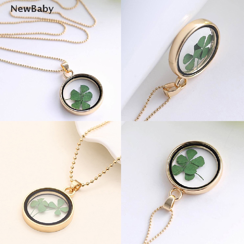 NewBaby Natural Real Dried Clover Flower Clear Resin Locket Pendant Necklace Four-Leaf ID