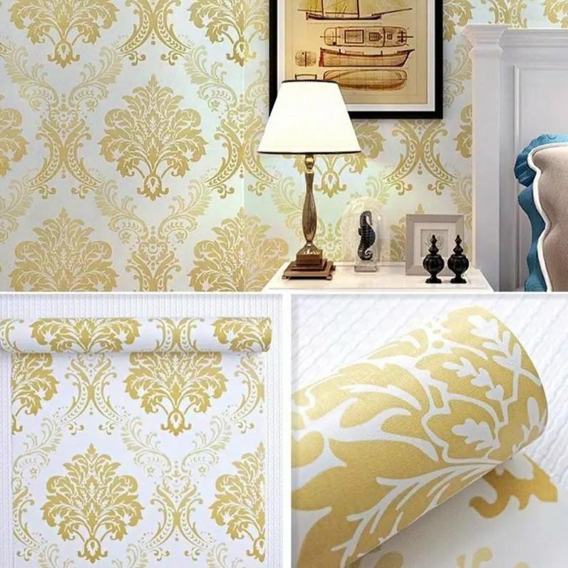 Wallpaper Dinding PUTIH BATIK GOLD WPS162 Sticker Kamar Ruang Tamu Dekorasi Rumah Elegan Mewah (KODE