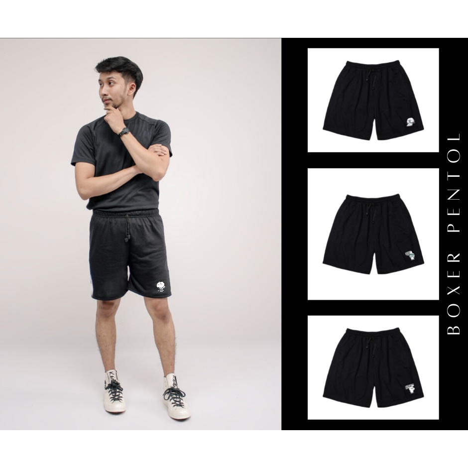 Promo Boxer Black Motif White Pentol / Boxer Pria Polos BabyTerry / Celana Pendek Pria Distro / Boxer Pentol Hits Kekinian Unyu Lucu Polll