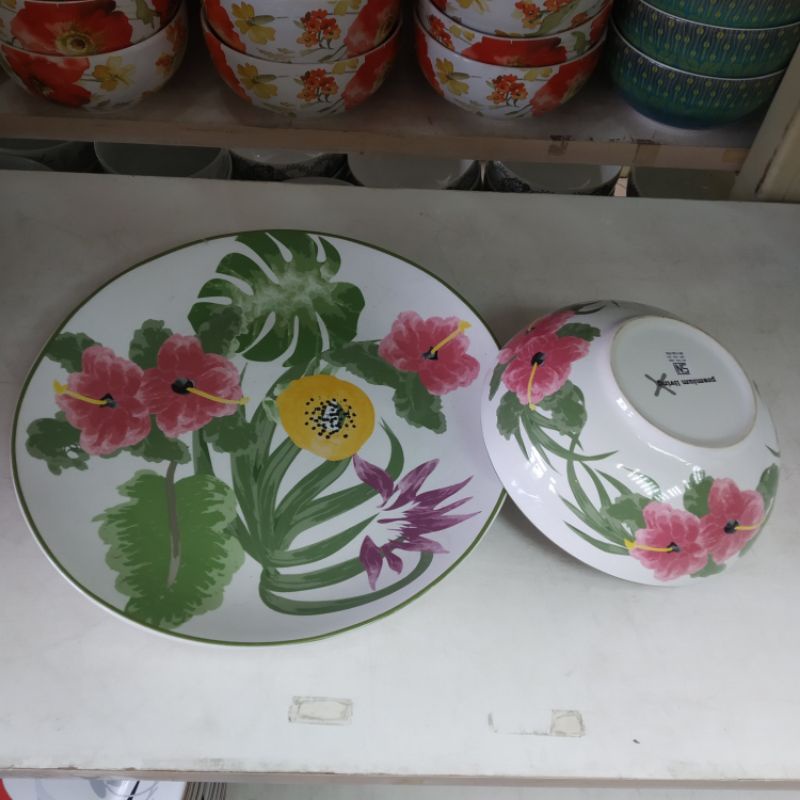 [SET] FLOWER DINNER PLATE N BOWL PIRING DAN MANGKOK MANGKUK KERAMIK SANGO MOTIF BUNGA SHABBY KLASIK