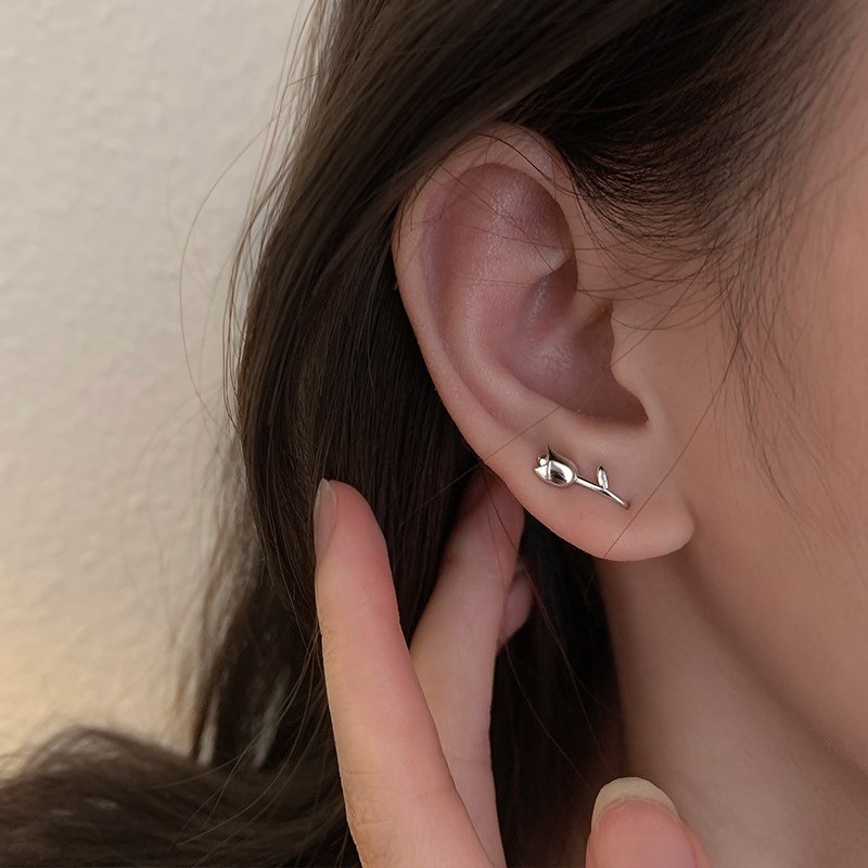 Papaozhu Trendi S925 Perak Tulip Stud Anting Untuk Wanita Perempuan Korea Bunga Telinga Tulang Klip Bunga Manset Anting Perhiasan