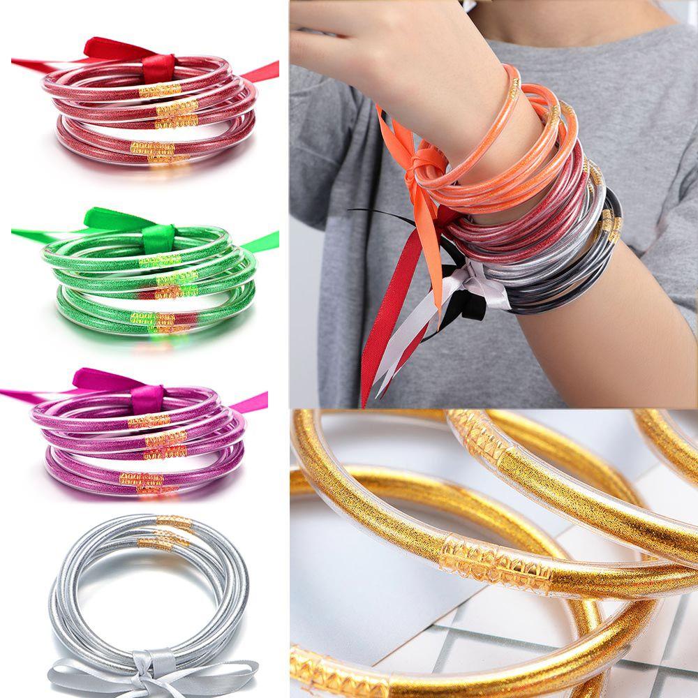 TOP Glitter Bangles Set Fashion Hadiah Baru Ikatan Simpul Emas Perak Biru Gelang Silikon