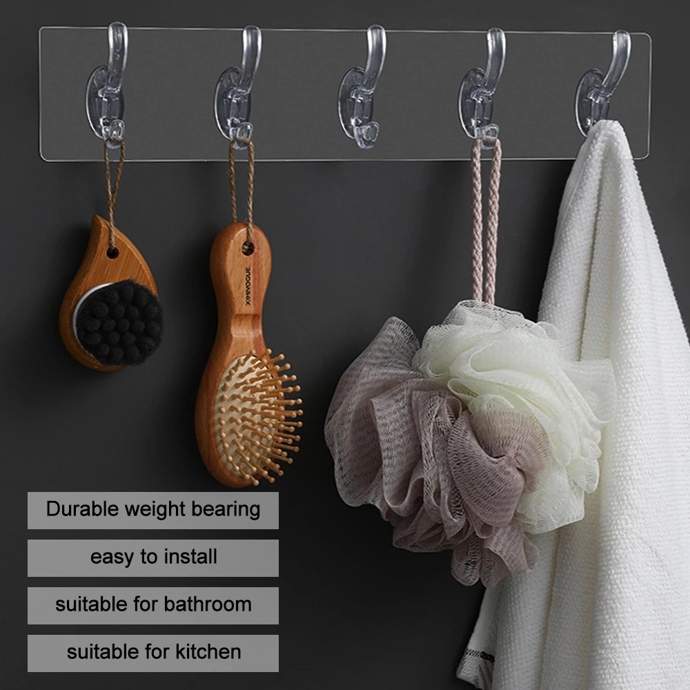 1/3/5/6 Nail-free Self Adhesive Transparent Row Hook/Space Saving Strong  Seamless Storage Hooks / Heavy Duty Door Wall Mounted Simple Storage Holder/Bathroom Kitchen Coats Bag Hats Towels Key Storage  Rack  / Home Office Multifunction Wall Racks