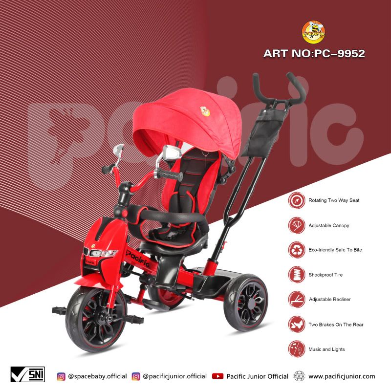 sepeda roda tiga Pacific Tricycle 9952 kursi putar kanopi