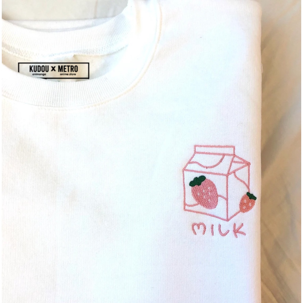 Crewneck Strawberry Milk Box Embroidery Kawaii Cute Premium Unisex