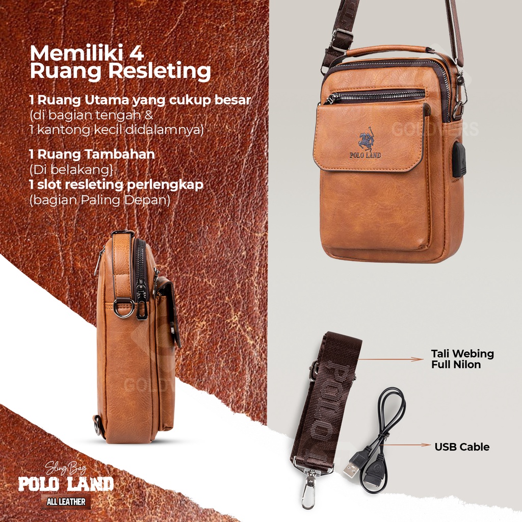 Tas Selempang Pria Kulit Slempang Pria Slingbag Cowok POLO LAND MULTIFUNGSI + FREE KABEL USB - Distributor