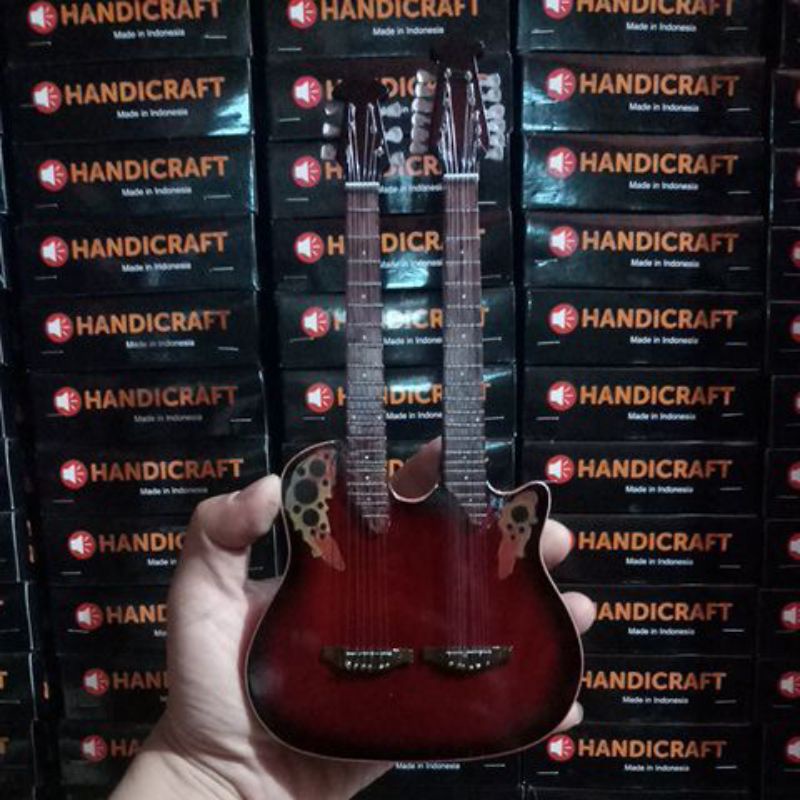 Miniatur gitar double neck ovation maroon