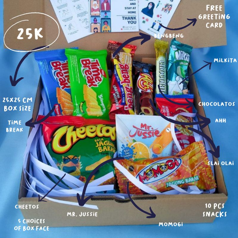 

SNACK BOX ISI 10 Hadiah ulang tahun Hadiah Wisuda Free kartu ucapan free bubble wrap