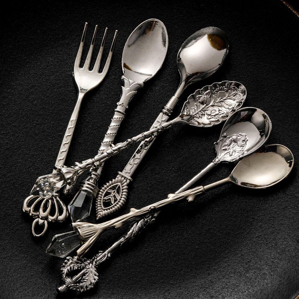 Top Vintage Sendok Garpu Alat Dapur Ukir Emas Reusable Untuk Kopi Makanan Ringan Buah Dessert Fork