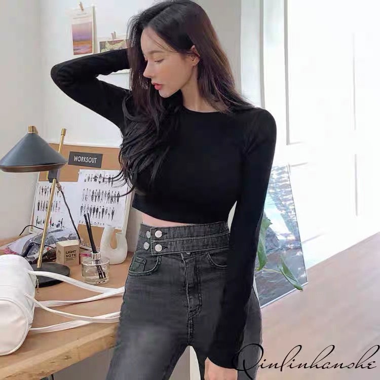 #Sisjuly# Kaos Ketat Pendek Lengan Panjang Peregangan Crop Top Crewneck Bottoming