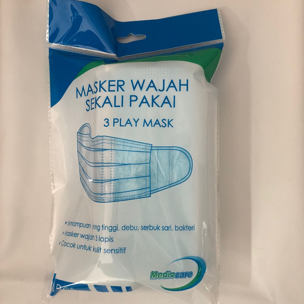 Mediocare Masker Medis 3 Ply Disposable Mask Earloop 1 Box isi 50-BIRU TANPA BOX