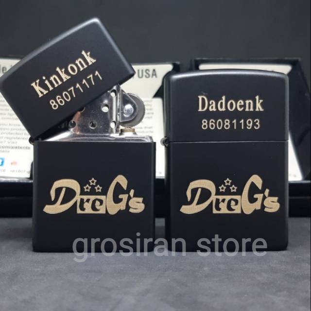 Zippo dregs custom logo tulisan nama ukir grafir hitam kado