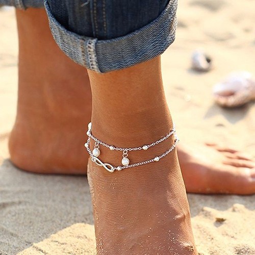 Gelang Kaki Rantai 2 Lapis Ornamen Manik-manik dan Infinity Gaya Boho untuk Telanjang Kaki di Pantai