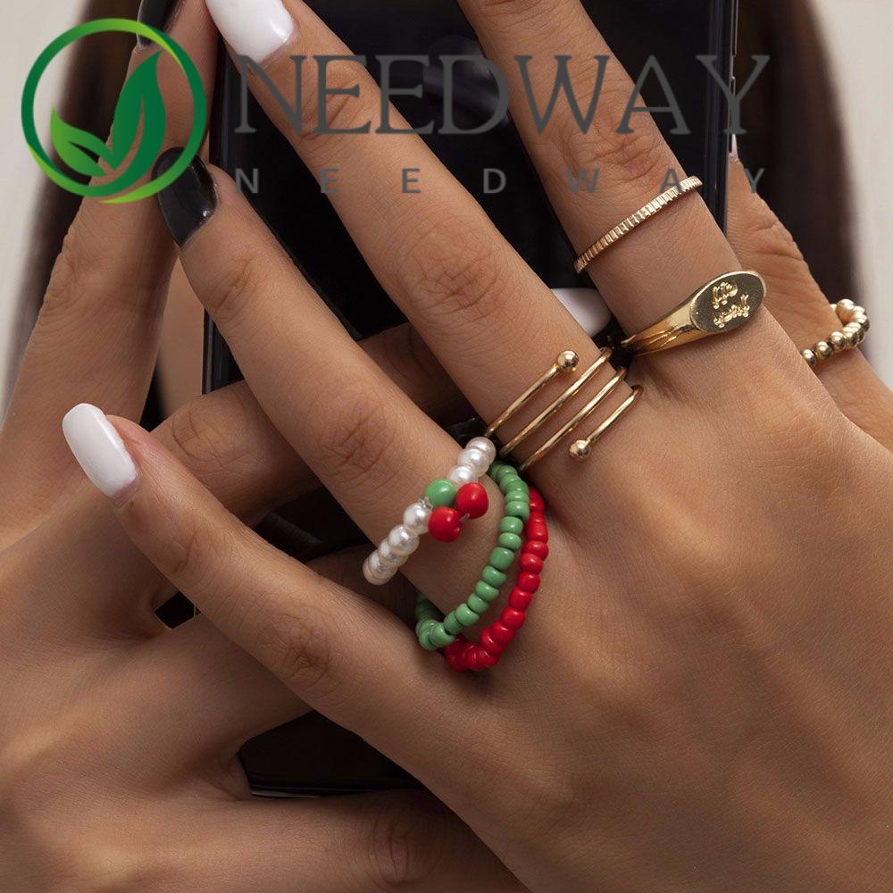 Needway  Gifts Bead Rings Women Girls Ladies Open Rings Rings New Elastic Gold Color Multi-layer Colorful Vintage Fashion Jewelry/Multicolor