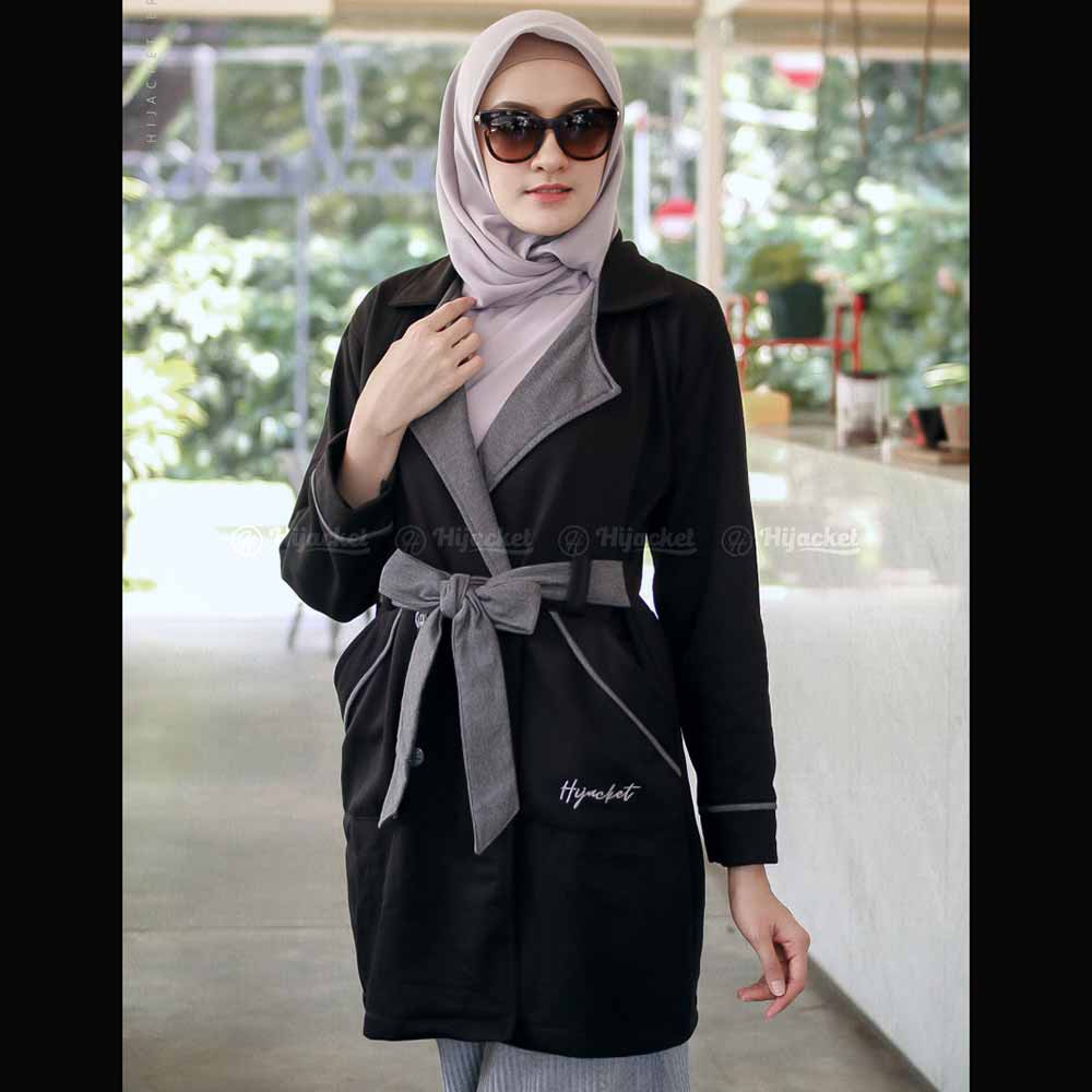 Jaket Jacket Panjang Wanita Cewek Muslimah Hijabers Fleece Kekinian Hijacket Jeket Fashion Modis ELN-Hitam