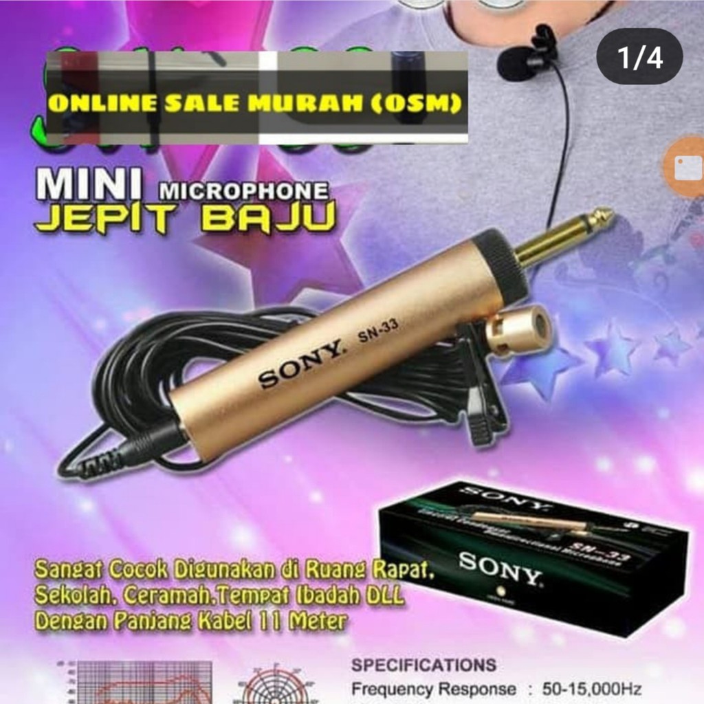 Sony Mic Jepit Kancing kerah baju microphone Clip Condensor sensitif aux mikrophone mik karaoke sound audio emas klip  Sony Clip on / Jepit 1X Mic Jepit  Kabel panjang 10 meter Spesification: - Type : Uni-directional electret condenser - Frequency Respons