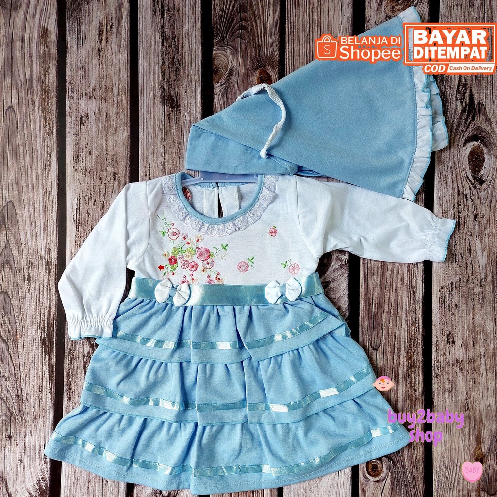 Baju lebaran bayi set gamis panjang dengan jilbab motif Polkadot/Bunga Baby Flower